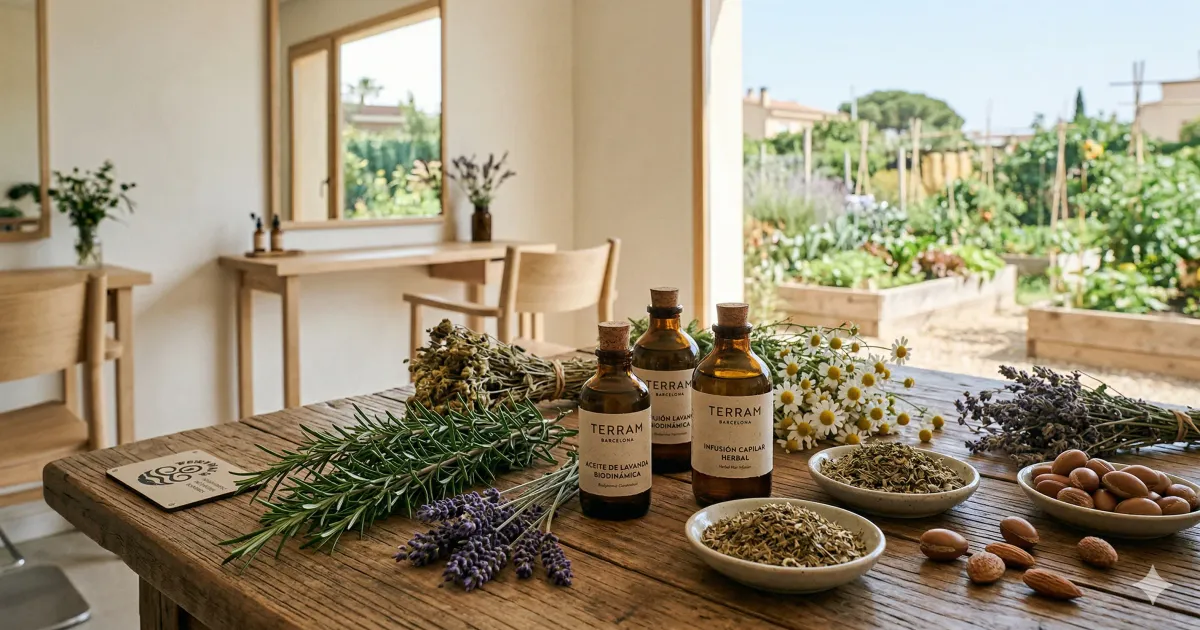 Ingredientes naturales de agricultura biodinámica para peluquería ecosostenible Terram Barcelona