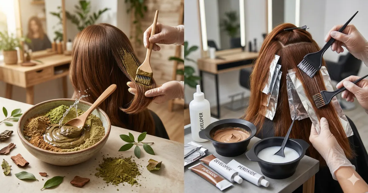 Coloración vegetal con henna y barros en Peluquería Terram Barcelona frente a química convencional